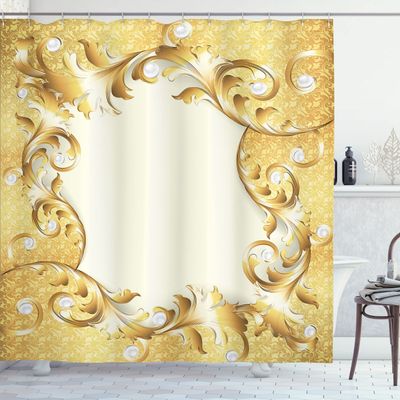 Ambesonne Pearls Shower Curtain, Illustration of a Frame Ornaments and Stones Baroque Style Floral Patterns, Cloth Fabric Bathroom Decor Set with Hooks, 69" W x 70" L, Cream Yellow