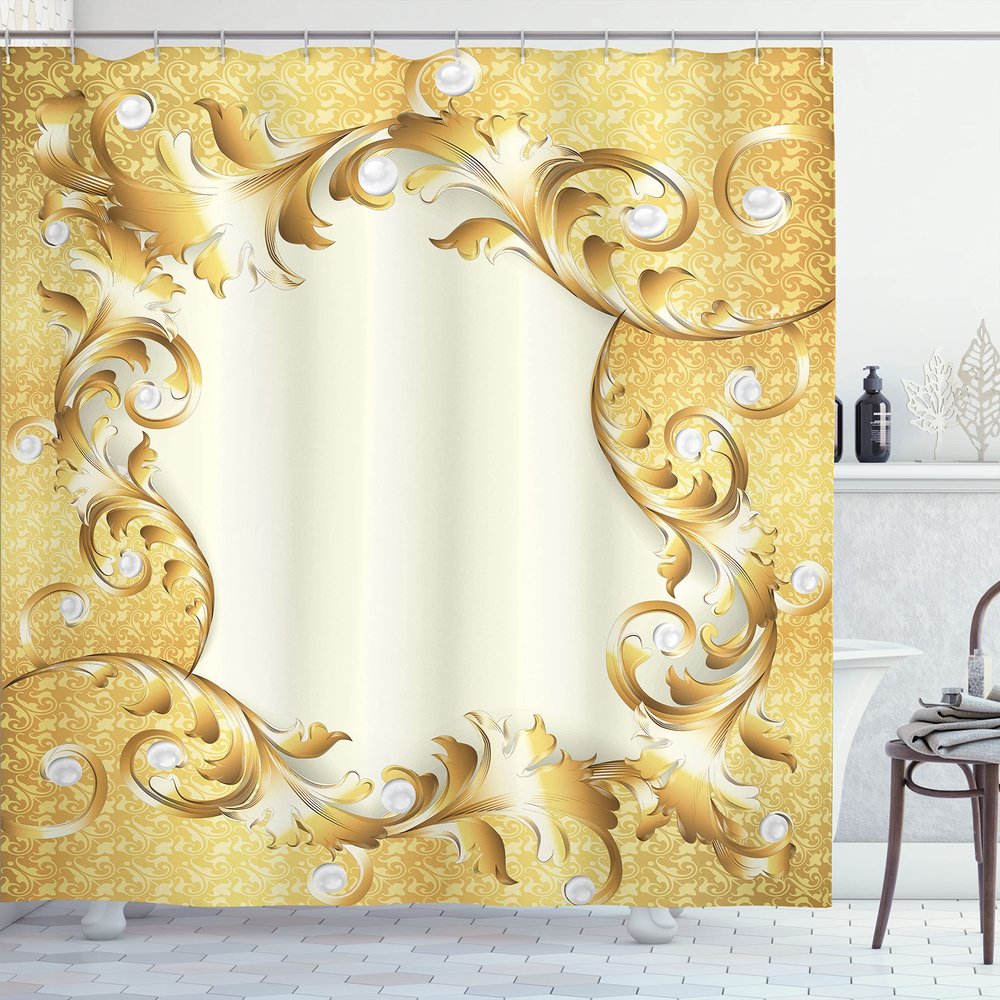 Ambesonne Pearls Shower Curtain, Illustration of a Frame Ornaments and Stones Baroque Style Floral Patterns, Cloth Fabric Bathroom Decor Set with Hooks, 69" W x 70" L, Cream Yellow