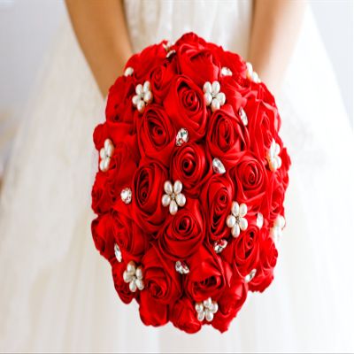 Ivory, Blue, Coral, T BlueRed Rose Flower Bridal Brooch Bouquet Wedding Bride 's Jewelry Crystal Pearl Rhinestone Cloth Fabric Bouquets (red)