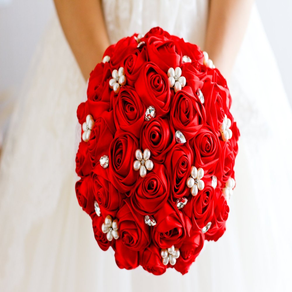 Ivory, Blue, Coral, T BlueRed Rose Flower Bridal Brooch Bouquet Wedding Bride 's Jewelry Crystal Pearl Rhinestone Cloth Fabric Bouquets (red)
