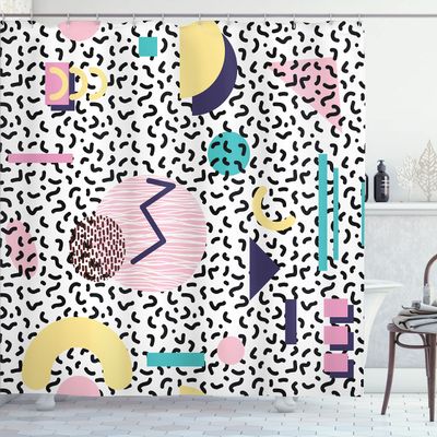 Ambesonne 90s Shower Curtain, Geometric Pattern in Retro Style Round Half Moon Triangle Shapes Art, Cloth Fabric Bathroom Decor Set with Hooks, 69" W x 70" L, Navy Yellow Pink