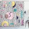 Ambesonne 90s Shower Curtain, Geometric Pattern in Retro Style Round Half Moon Triangle Shapes Art, Cloth Fabric Bathroom Decor Set with Hooks, 69" W x 70" L, Navy Yellow Pink view 1