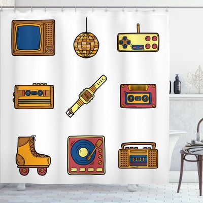 Ambesonne 90s Shower Curtain, Cartoon Illustration with Old Fashioned Technology Lifestyle Theme Nostalgic Art, Cloth Fabric Bathroom Decor Set with Hooks, 69" W x 70" L, Mustard Navy