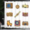 Ambesonne 90s Shower Curtain, Cartoon Illustration with Old Fashioned Technology Lifestyle Theme Nostalgic Art, Cloth Fabric Bathroom Decor Set with Hooks, 69" W x 70" L, Mustard Navy view 3