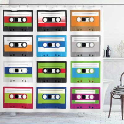 Ambesonne 90s Shower Curtain, Composition of Retro Plastic Audio Cassettes Tapes Old Technology Entertainment Theme, Cloth Fabric Bathroom Decor Set with Hooks, 69" W x 84" L, Green Blue