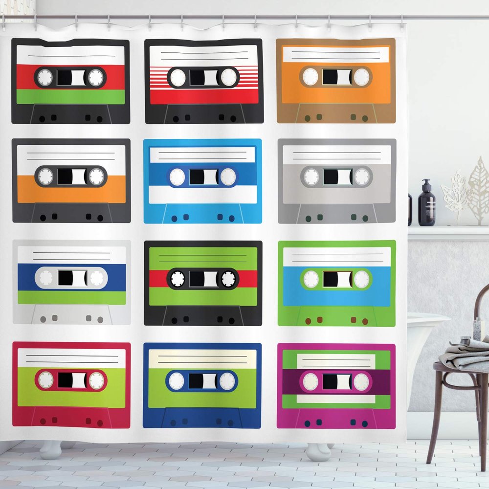 Ambesonne 90s Shower Curtain, Composition of Retro Plastic Audio Cassettes Tapes Old Technology Entertainment Theme, Cloth Fabric Bathroom Decor Set with Hooks, 69" W x 84" L, Green Blue