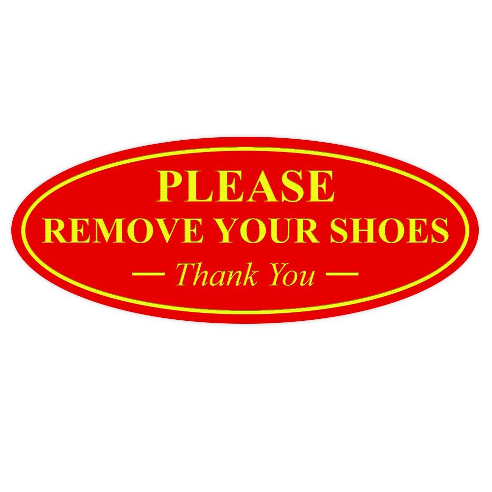 All Quality Oval Please Remove Your Shoes Thank You Sign - Durable Material | Easy Installation | Help Keep Floors Clean - Red/Yellow - Large (1 Pack)