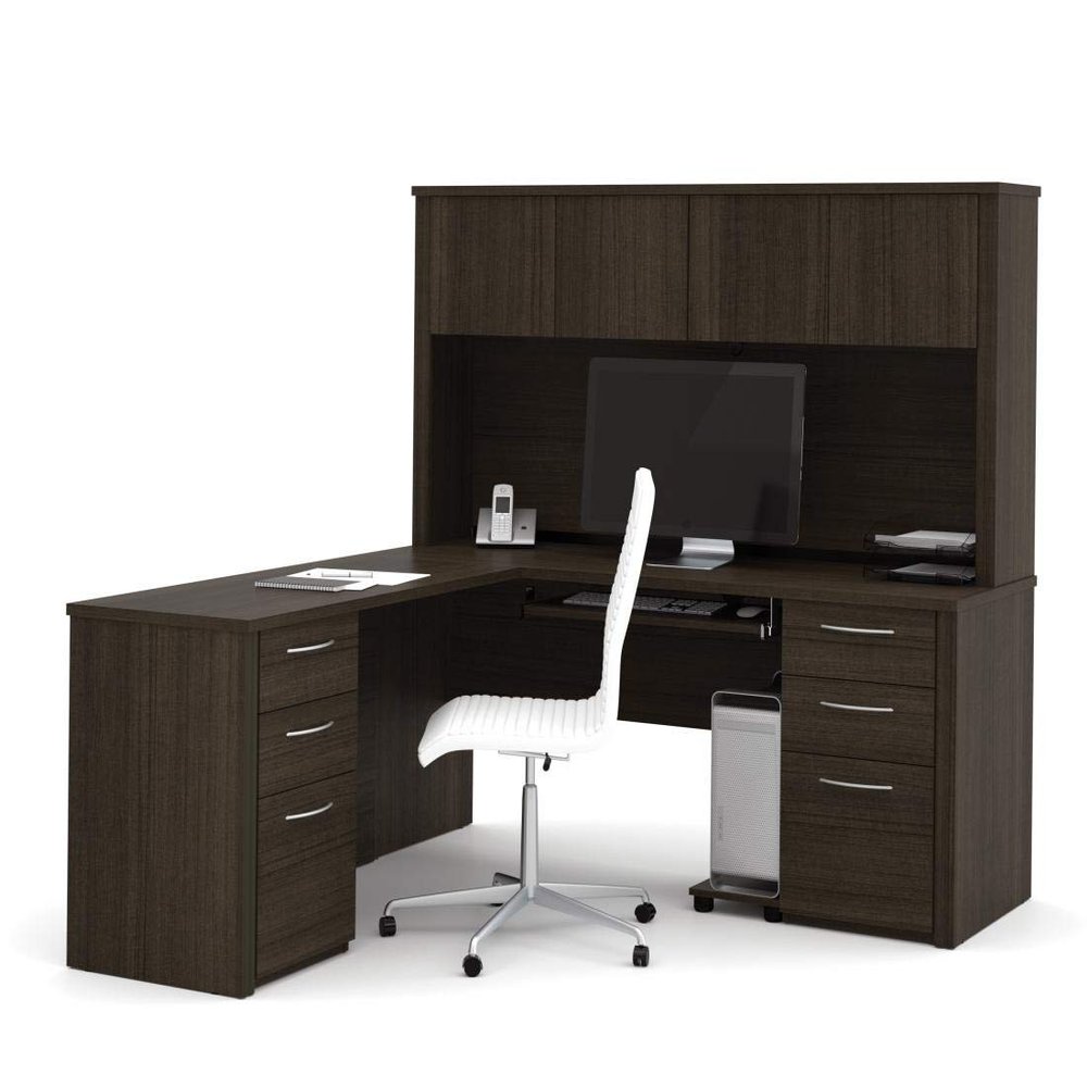 Bestar Embassy 66W L-Shaped Desk with Two Pedestals and Hutch in Dark Chocolate