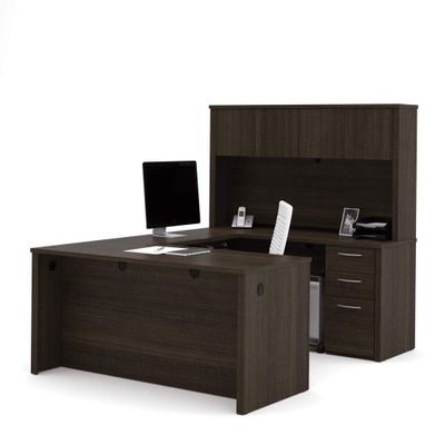 Bestar Embassy 66W U-Shaped Executive Desk with Pedestal and Hutch in Dark Chocolate