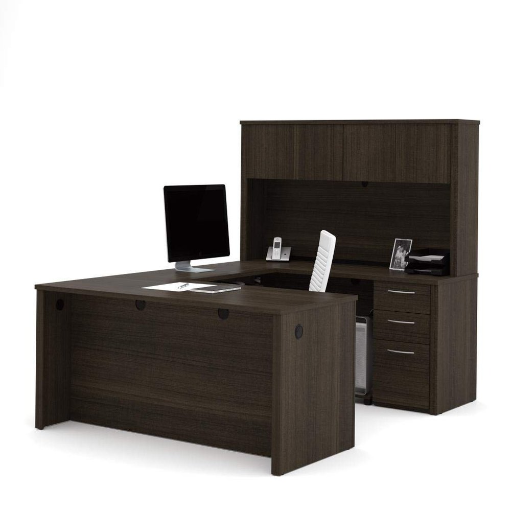 Bestar Embassy 66W U-Shaped Executive Desk with Pedestal and Hutch in Dark Chocolate
