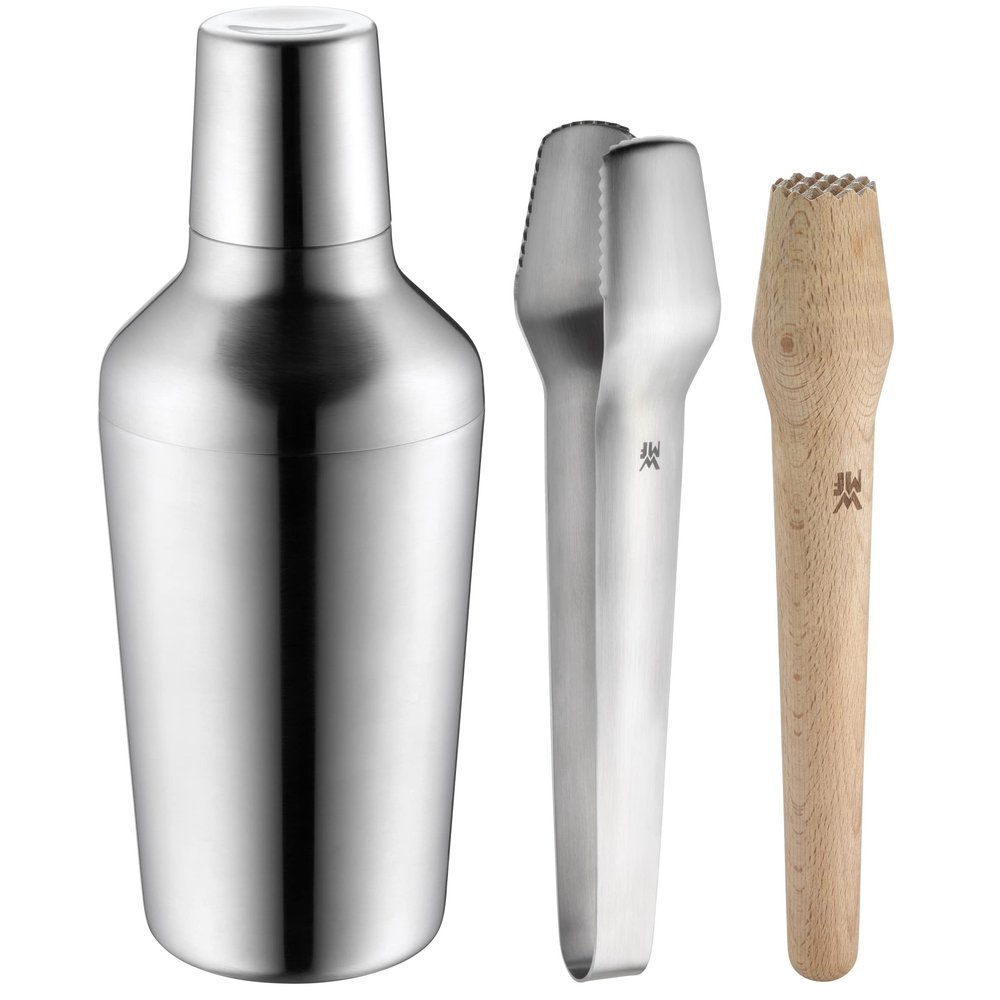 WMF Cromargan 5pc Stainless Steel/Beech Wood Matrjoshka bar Gift Set (Jigger, Tongs, Sieve, Pestle, Measure), Dishwasher Safe