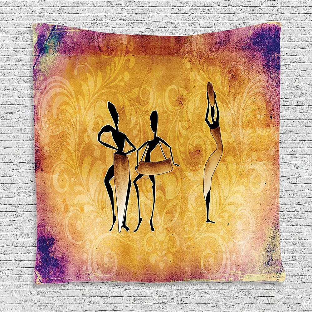 Ambesonne African Tapestry, Native Women Dancing Community Celebrating Folkloric Motions Retro Pattern, Wall Hanging for Bedroom Living Room Dorm Decor, 60" X 80", Tan Purple
