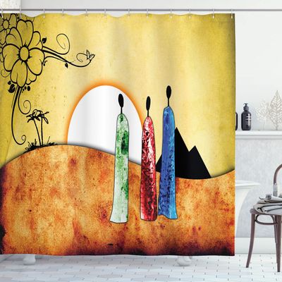 Ambesonne African Shower Curtain, People Facing Large Sun Savannah Desert Boho Wildlife Illustration, Cloth Fabric Bathroom Decor Set with Hooks, 69" W x 84" L, Pale Green Brown White