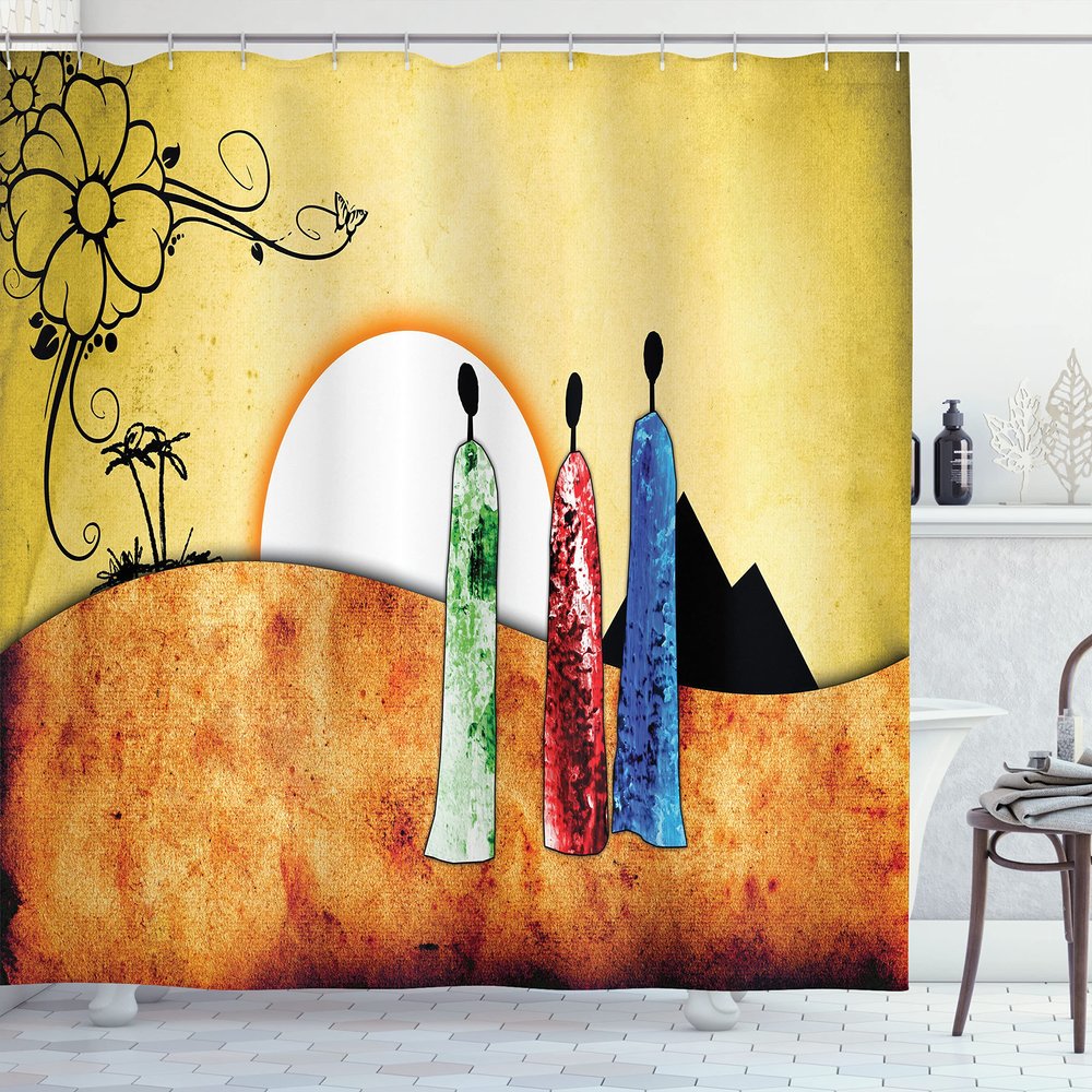 Ambesonne African Shower Curtain, People Facing Large Sun Savannah Desert Boho Wildlife Illustration, Cloth Fabric Bathroom Decor Set with Hooks, 69" W x 84" L, Pale Green Brown White