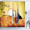 Ambesonne African Shower Curtain, People Facing Large Sun Savannah Desert Boho Wildlife Illustration, Cloth Fabric Bathroom Decor Set with Hooks, 69" W x 84" L, Pale Green Brown White view 1