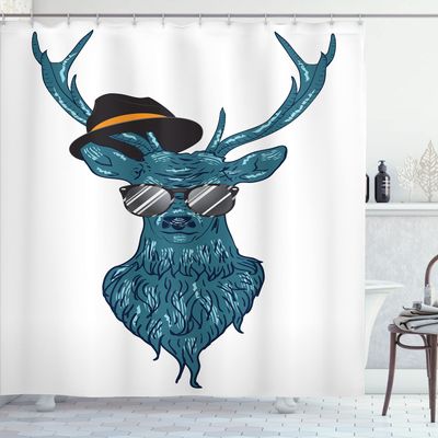 Ambesonne Antlers Shower Curtain, Image of a Deer Hipster in Glasses Hat and Mustache Modern Style Print, Cloth Fabric Bathroom Decor Set with Hooks, 69" W x 84" L, Teal and Black