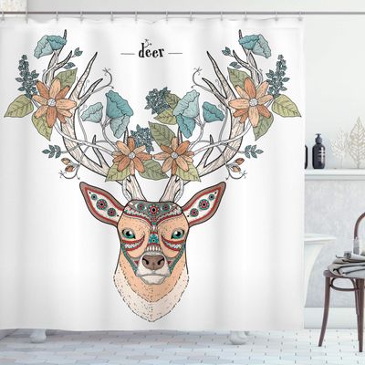 Ambesonne Antlers Shower Curtain, Deer Head with Flowers Blooms Cultural Design Ornamental Illustration, Cloth Fabric Bathroom Decor Set with Hooks, 69" W x 84" L, Tan Green Teal
