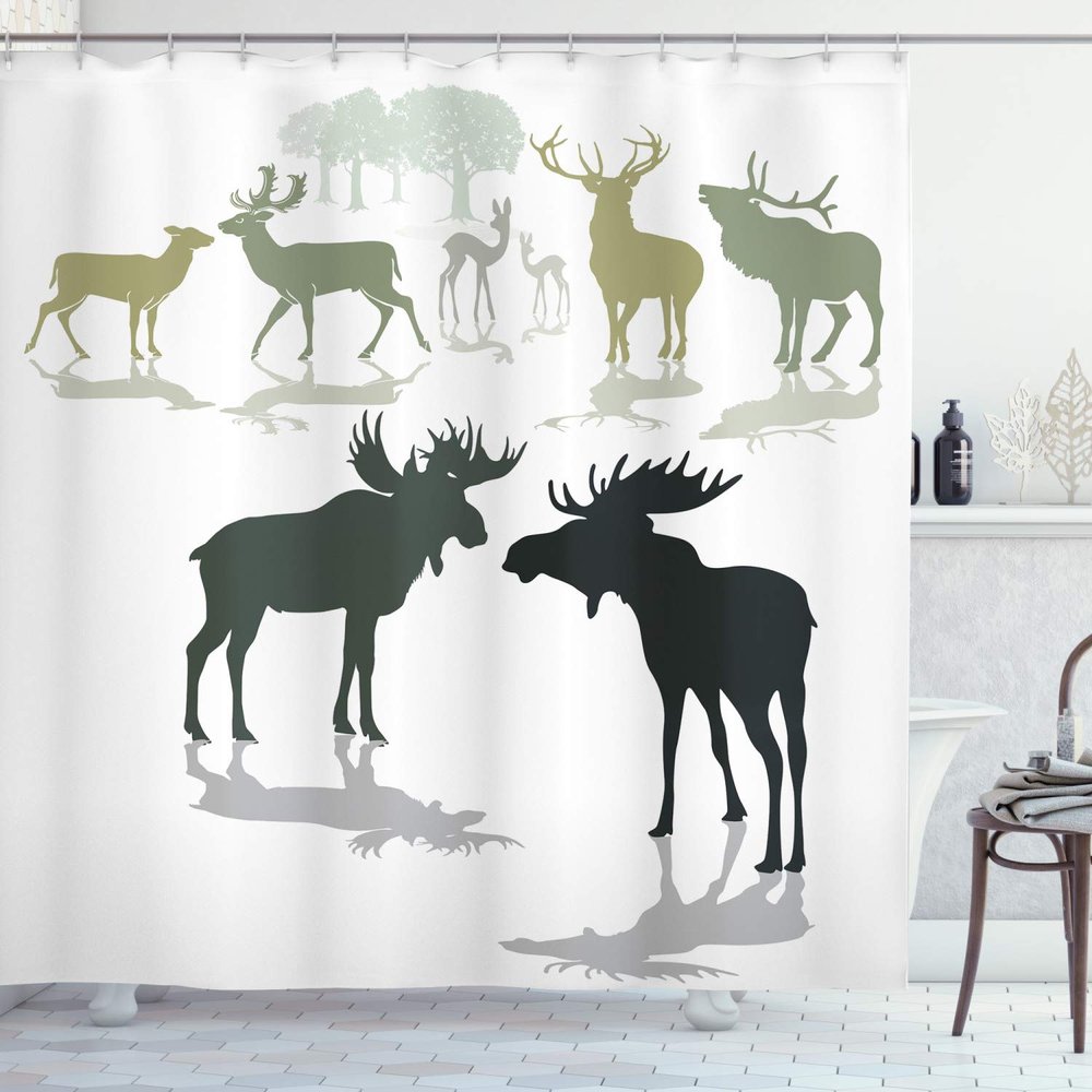 Ambesonne Antlers Shower Curtain, Elk Deer and Fawn Silhouette Forest at The Background World Natural Habitat Theme, Cloth Fabric Bathroom Decor Set with Hooks, 69" W x 84" L, Green Black