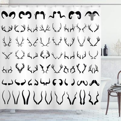 Ambesonne Antlers Shower Curtain, Horns of Antelope Buffalo Cattle Moose Sheep Silhouettes Symbolist Art Design, Cloth Fabric Bathroom Decor Set with Hooks, 69" W x 84" L, White Charcoal