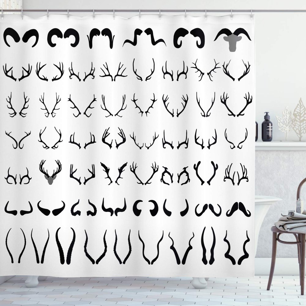 Ambesonne Antlers Shower Curtain, Horns of Antelope Buffalo Cattle Moose Sheep Silhouettes Symbolist Art Design, Cloth Fabric Bathroom Decor Set with Hooks, 69" W x 84" L, White Charcoal