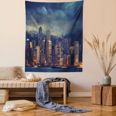 Ambesonne Cityscape Tapestry, Hong Kong Cityscape Stormy Weather Dark Cloudy Sky Waterfront Port Dramatic View, Wall Hanging for Bedroom Living Room Dorm Decor, 60" X 80", Indigo Orange
