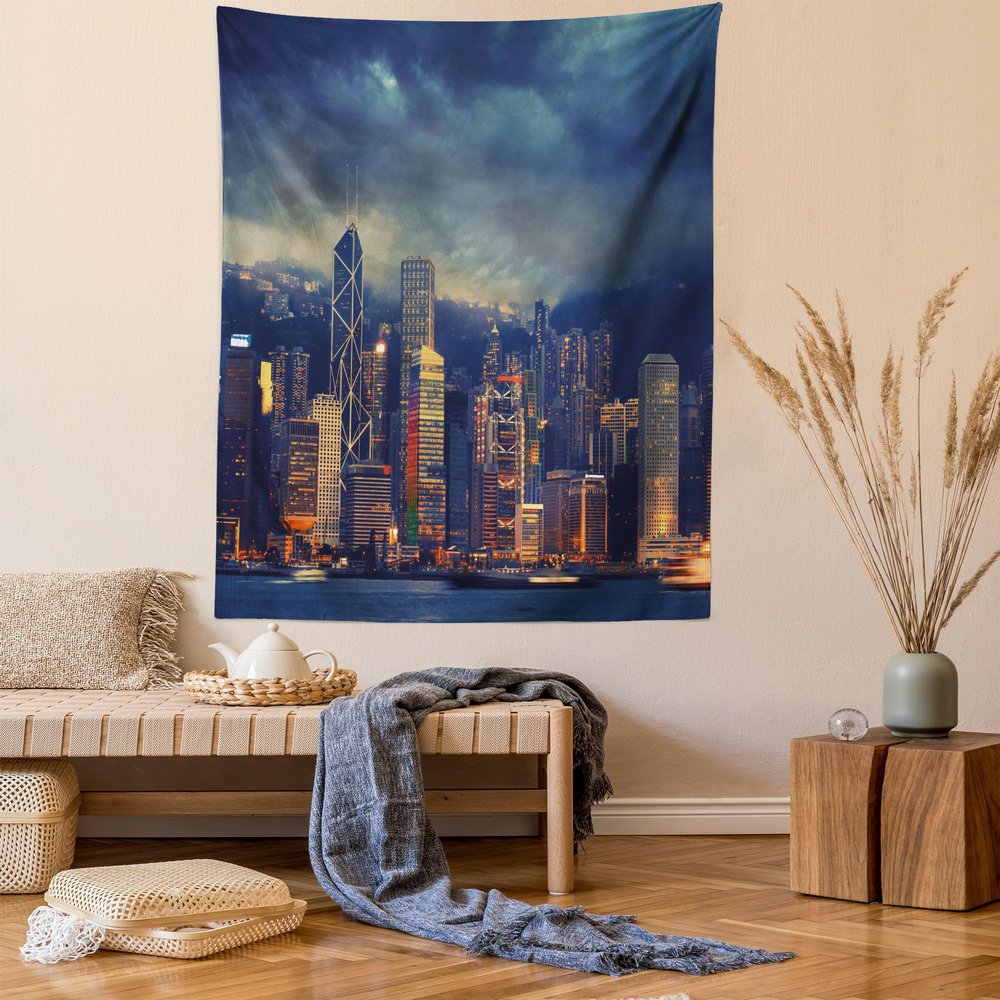 Ambesonne Cityscape Tapestry, Hong Kong Cityscape Stormy Weather Dark Cloudy Sky Waterfront Port Dramatic View, Wall Hanging for Bedroom Living Room Dorm Decor, 60" X 80", Indigo Orange