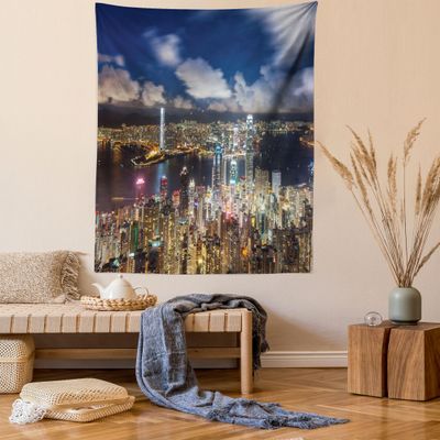 Ambesonne Cityscape Tapestry, Night View Hong Kong Victoria Harbor Business Financial District Cityscape Print, Wall Hanging for Bedroom Living Room Dorm Decor, 40" X 60", White Indigo