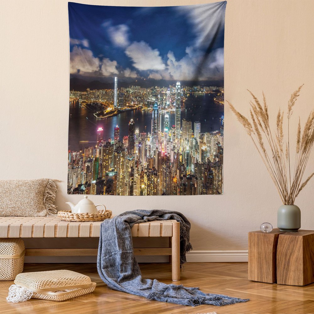 Ambesonne Cityscape Tapestry, Night View Hong Kong Victoria Harbor Business Financial District Cityscape Print, Wall Hanging for Bedroom Living Room Dorm Decor, 40" X 60", White Indigo