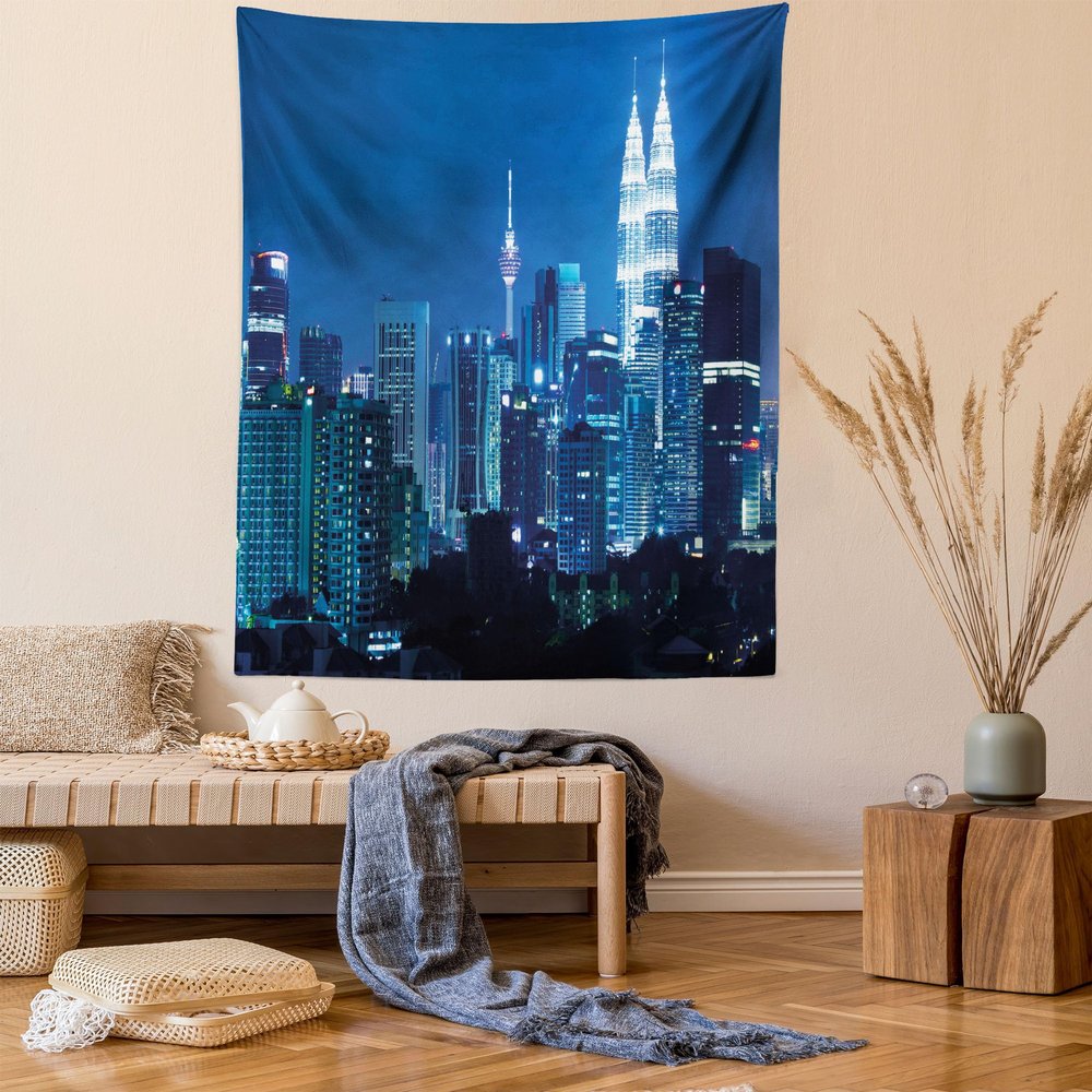 Ambesonne Cityscape Tapestry, Kuala Lumpur Skyline Night KLCC Twin Towers Malaysian Landmark Monochromic Photo, Wall Hanging for Bedroom Living Room Dorm Decor, 60" X 80", Black Indigo