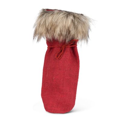 Abbott Collection Faux Fur Trim Wine Sack, Red