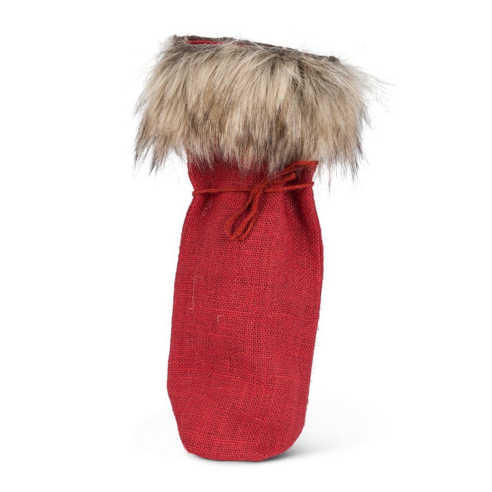 Abbott Collection Faux Fur Trim Wine Sack, Red