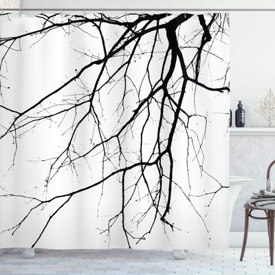 Ambesonne Black White Shower Curtain, Macro Leafless Winter Tree Branches Idyllic Twigs of Oak Nature Print, Cloth Fabric Bathroom Decor Set with Hooks, 69" W x 84" L, Black White