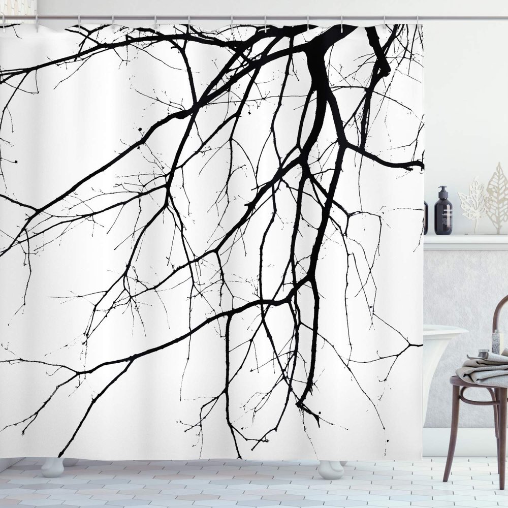 Ambesonne Black White Shower Curtain, Macro Leafless Winter Tree Branches Idyllic Twigs of Oak Nature Print, Cloth Fabric Bathroom Decor Set with Hooks, 69" W x 84" L, Black White