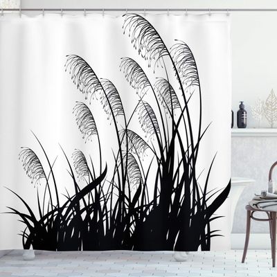 Ambesonne Black and White Shower Curtain, Silhouette of Bushes Wild Plants Wheat Field Twiggy Herbs Seasonal Picture, Cloth Fabric Bathroom Decor Set with Hooks, 69" W x 84" L, White Charcoal Grey