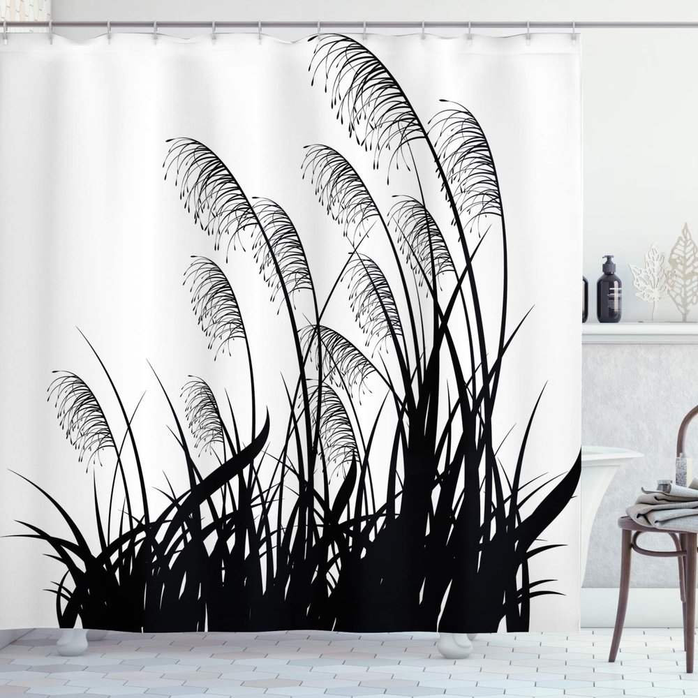Ambesonne Black and White Shower Curtain, Silhouette of Bushes Wild Plants Wheat Field Twiggy Herbs Seasonal Picture, Cloth Fabric Bathroom Decor Set with Hooks, 69" W x 84" L, White Charcoal Grey