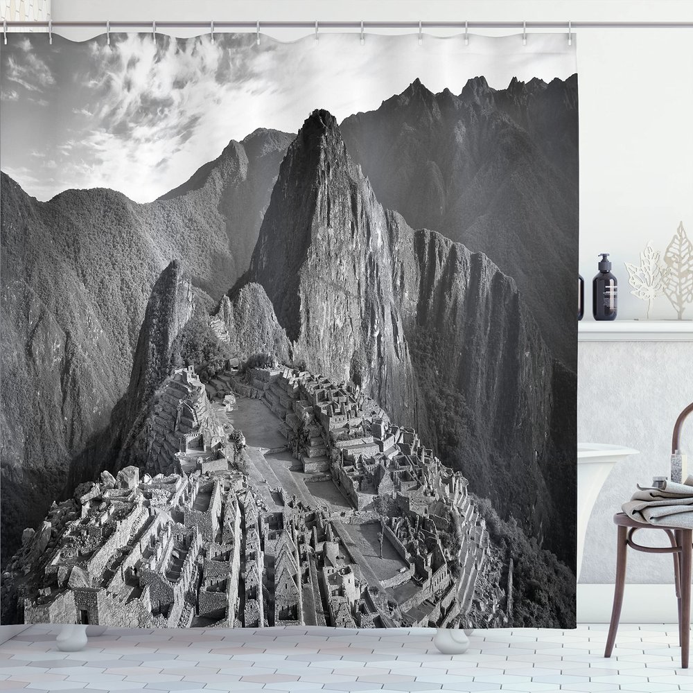 Ambesonne Black and White Shower Curtain, Aerial View of Peru Village Architectural Landmark Buildings Day Time, Cloth Fabric Bathroom Decor Set with Hooks, 69" W x 84" L, Black and White
