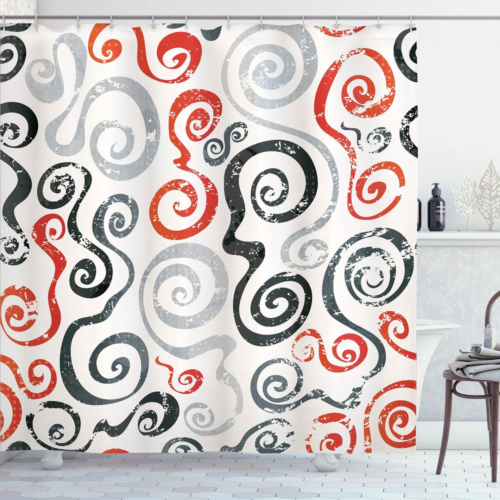 Ambesonne Grunge Shower Curtain, Swirls Pattern with Grunge Effect Baroque Geometric Ornament Funky Design Art, Cloth Fabric Bathroom Decor Set with Hooks, 69" W x 75" L, White Orange
