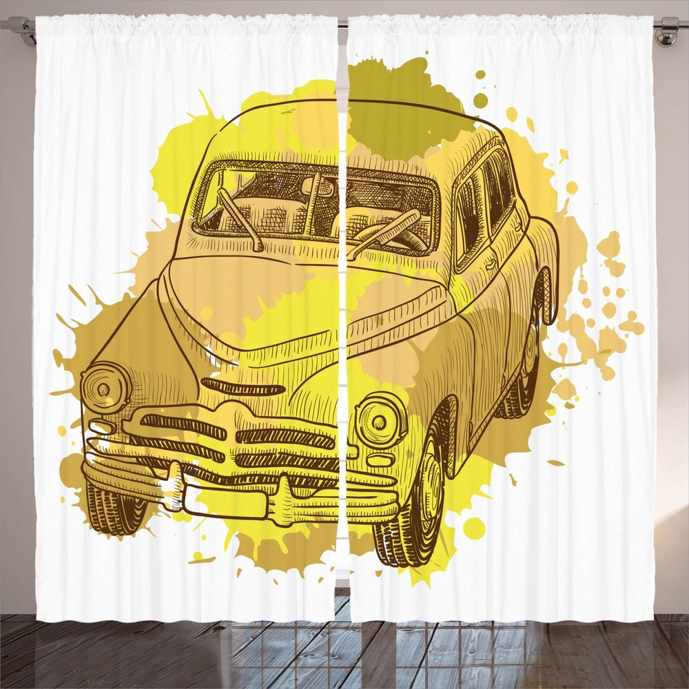 Ambesonne Grunge Curtains, Retro Car with Digital Grunge Torn Splash Dirty Graffiti Like Urban Illustration, Living Room Bedroom Window Drapes 2 Panel Set, 108" X 84", Green Mustard
