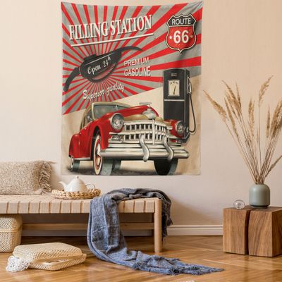 Ambesonne Cars Tapestry, Poster Style Image Gasoline Station Commercial Element Route 66 IllustrationPrint, Wall Hanging for Bedroom Living Room Dorm Decor, 60" X 80", Vermilion Beige
