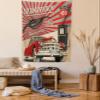 Ambesonne Cars Tapestry, Poster Style Image Gasoline Station Commercial Element Route 66 IllustrationPrint, Wall Hanging for Bedroom Living Room Dorm Decor, 60" X 80", Vermilion Beige view 1