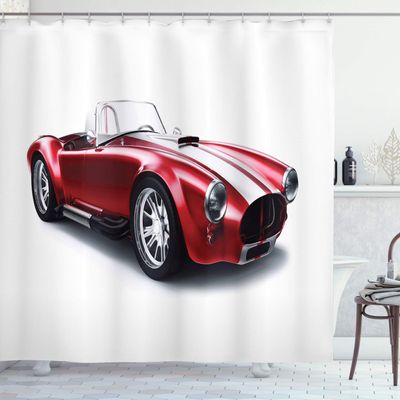 Ambesonne Cars Shower Curtain, Old-Fashioned Vintage Coupe Car Automobile Illustration with Digital Smooth Color Effects, Cloth Fabric Bathroom Decor Set with Hooks, 69" W x 84" L, Red