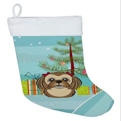 Caroline's Treasures BB1621CS Christmas Tree and Chocolate Brown Shih Tzu Christmas Stocking Fireplace Hanging Stockings Christmas Season Party Decor Family Holiday Decorations