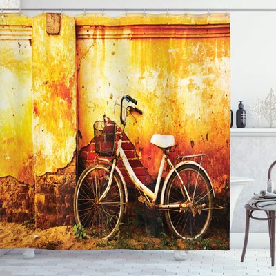 Ambesonne Bicycle Shower Curtain, Vintage Bike in Front of a Rusty Dirty Cracked Broken Brick Wall Lifestyle Photo, Cloth Fabric Bathroom Decor Set with Hooks, 69" W x 84" L, Sepia