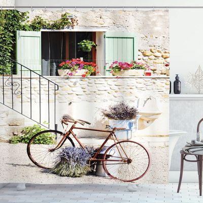 Ambesonne Bicycle Shower Curtain, European French Mediterranean Rural Stone House with Bike Countryside Provence Day, Cloth Fabric Bathroom Decor Set with Hooks, 69" W x 84" L, White Coral Fern Green