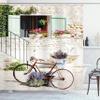 Ambesonne Bicycle Shower Curtain, European French Mediterranean Rural Stone House with Bike Countryside Provence Day, Cloth Fabric Bathroom Decor Set with Hooks, 69" W x 84" L, White Coral Fern Green view 1