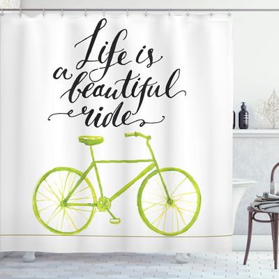 Ambesonne Bicycle Shower Curtain, Life is a Bike Ride Words Print Pastel Color Unique Ride Graphic, Cloth Fabric Bathroom Decor Set with Hooks, 69" W x 84" L, Green Black