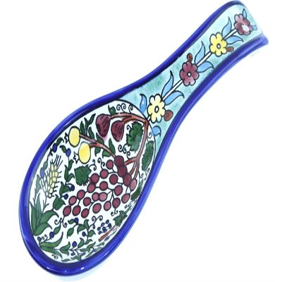 Armenian hand painted cooking Spoon Rest/Ladle Holder - Large with deep Round Cup part - Asfour Outlet Trademark