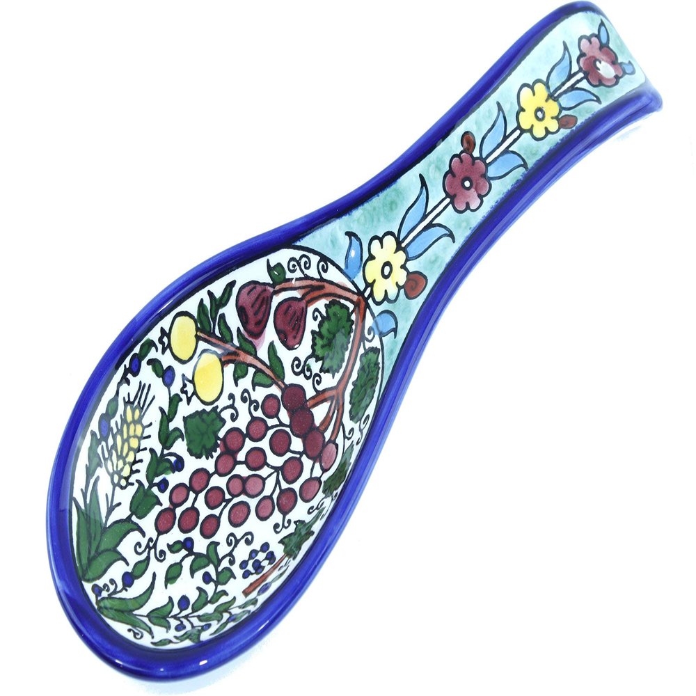 Armenian hand painted cooking Spoon Rest/Ladle Holder - Large with deep Round Cup part - Asfour Outlet Trademark