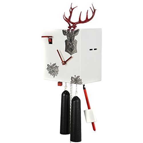 MusicBoxAttic Modern VDS Certified 8 Day Black Stag Head in White with Red Accents Romba Art Cuckoo Clock by Rombach and Haas Sale Price - Code romba20