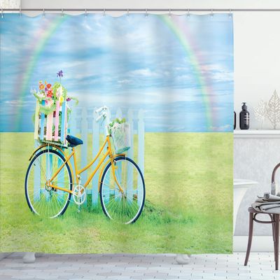 Ambesonne Bicycle Shower Curtain, Nostalgic Bike on The Grass Above The Colored Rainbow Dreamy Paradise Nature, Cloth Fabric Bathroom Decor Set with Hooks, 69" W x 75" L, Pale Green